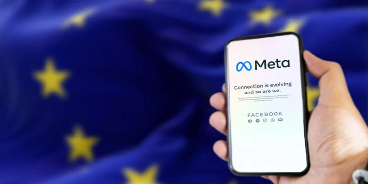 Meta's app on a phone screen, with the EU flag in the background.