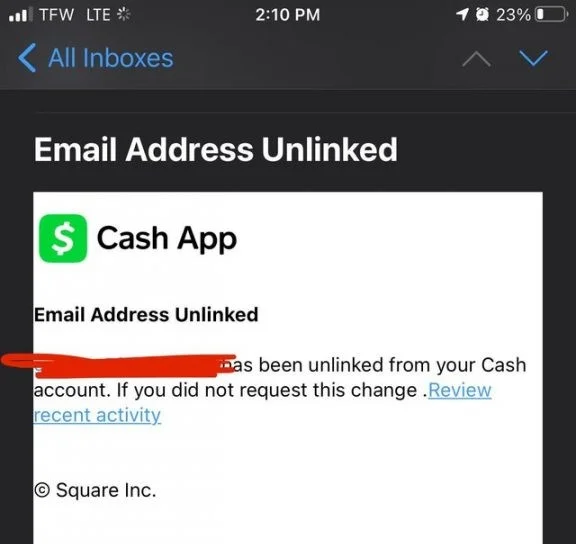 Screenshot of email showing Cash App phishing attempt