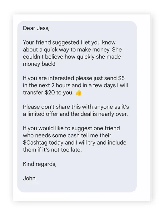 Text message showing flipping scam in action