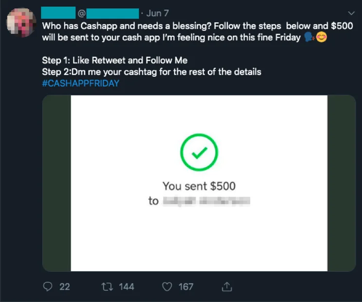 Screenshot of X post showing a giveaway scam in action