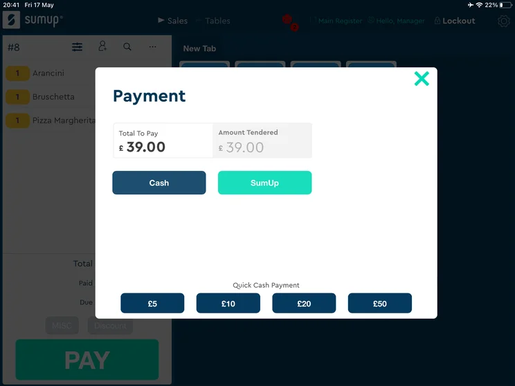 SumUp POS payment screen with cash and card payment options.