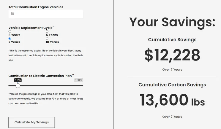 Screenshots displaying EV transition cost savings