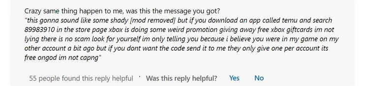 A Temu-related Xbox scam message