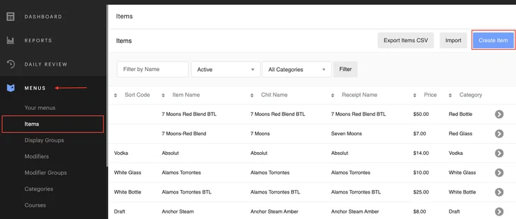 Lightspeed U Series menu management features let you bulk upload items by their CSV