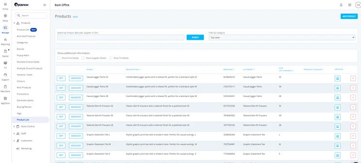 Epos Now lets you sift through products via catagory, product, barcode supplier, or SKU