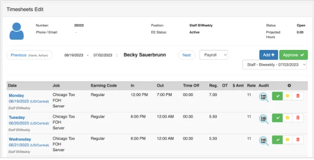 You can use Toast's Payroll Time Sheet Edit to add and approve staff