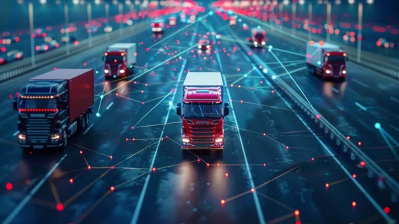 A fleet of trucks on the road.