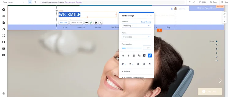 Wix text editing panel with font settings and formatting options visible