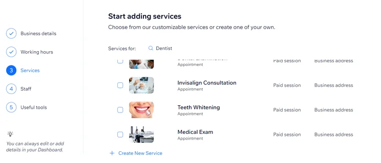 Wix services setup wizard showing customizable business service options