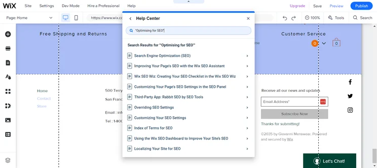 Wix Help Center search results for SEO optimization topics