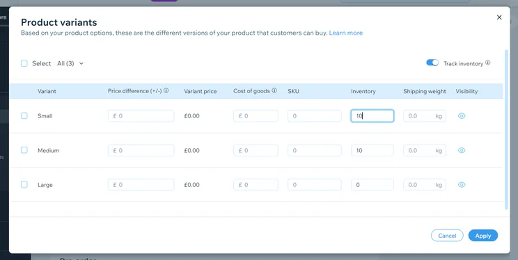 Wix Product Variants