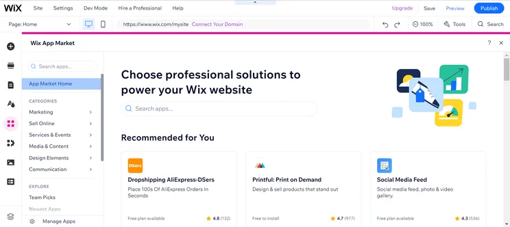 Wix App Market homepage showing recommended apps and categories