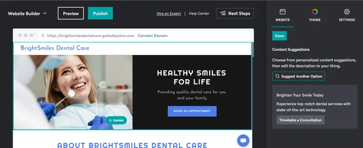 GoDaddy AI text generator feature in website builder interface