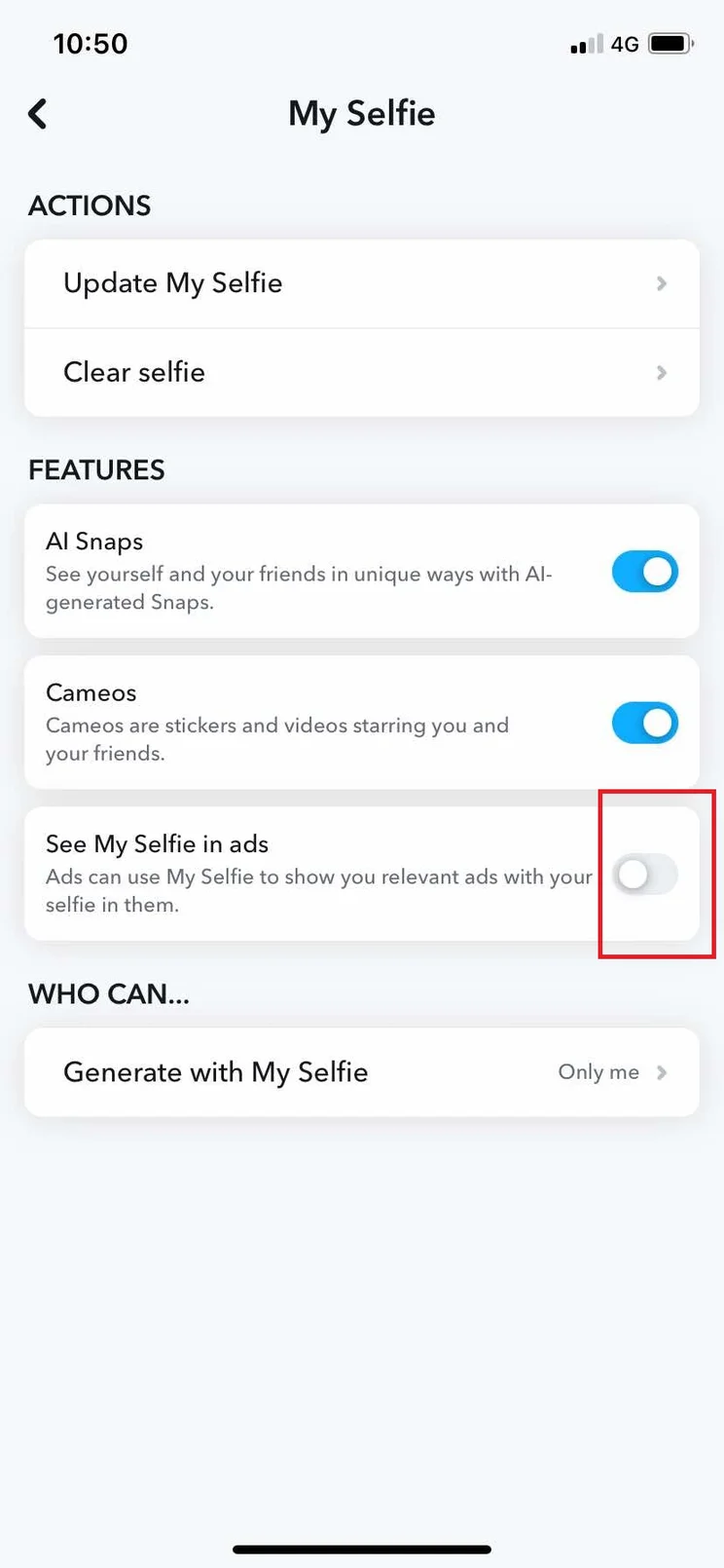 Move the toggle to the left on the box that says 'See My Selfie in Ads'