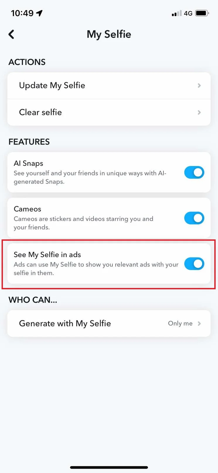 Scoll down to the box that says 'See My Selfie in Ads'