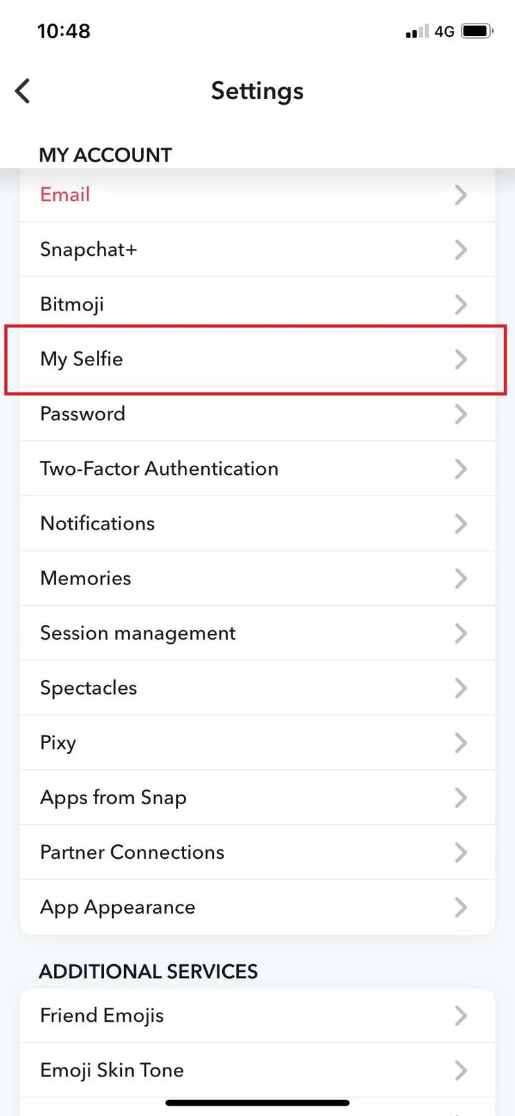 Scroll to the My Selfie Setting, and select it
