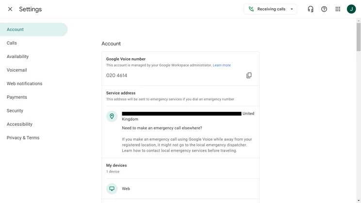 Google Voice includes a settings page for everything from service addresses to payment accounts.