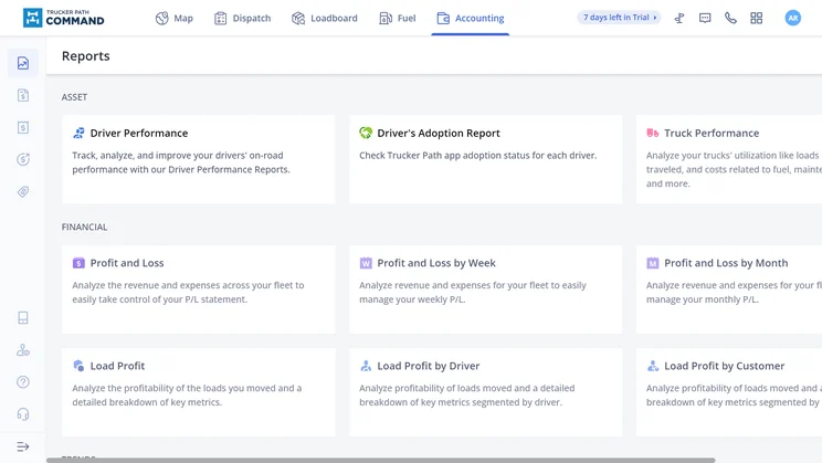 Trucker Path supports many types of reports, including Driver Performance, Profit and Loss, and Load Profit.