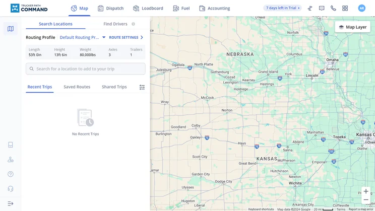 Trucker Path's live map lets users find drivers by status or by searching directly for them by name.