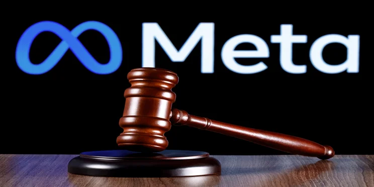 A judge's gavel with the meta logo in the background
