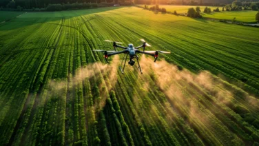 A drone flies over a field