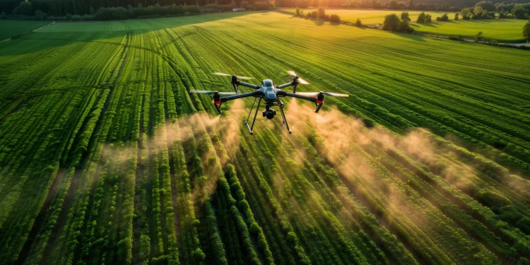 A drone flies over a field