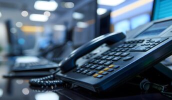 Close-up image of VoIP deskphone with office in the background