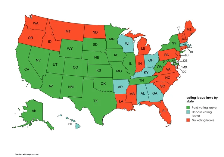 Voting leave laws by state. Source: Tech.co and mapchart.net
