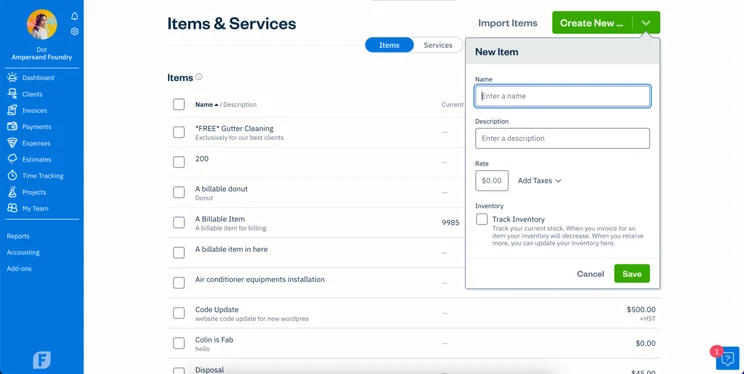 FreshBooks inventory management