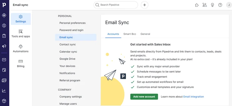 Pipedrive email sync