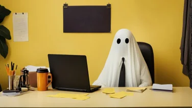 Ghost in tie working at desk
