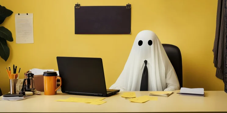 Ghost in tie working at desk