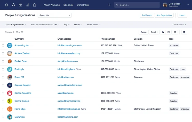 List of contacts in Capsule CRM