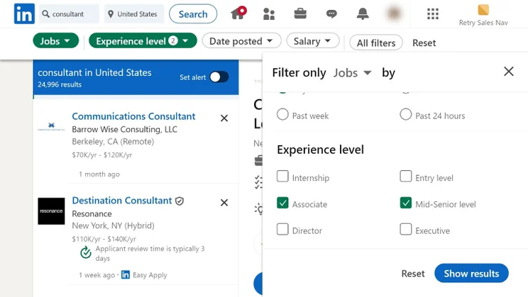 LinkedIn's job search page, displaying adjustable filters on the left and a list of job titles and details on the right.