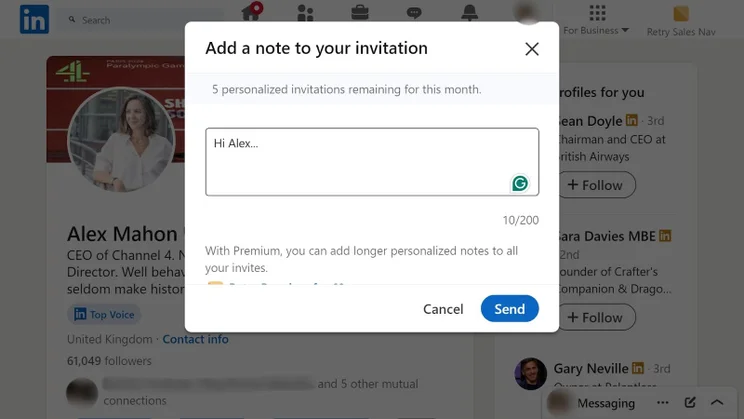 A screenshot of a LinkedIn profile. There&rsquo;s a text box where a user can add a note to accompany their request to connect.