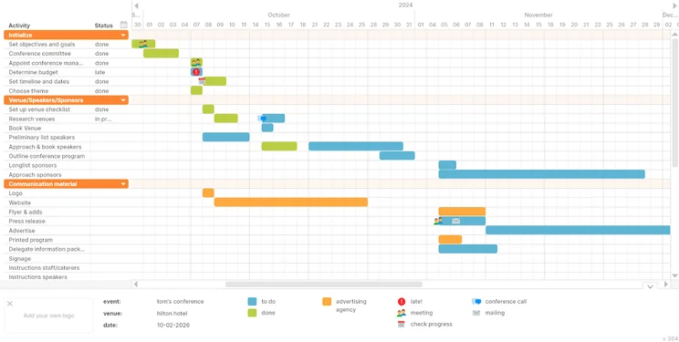 An example event planning Gannt chart created in Tom&rsquo;s Planner.