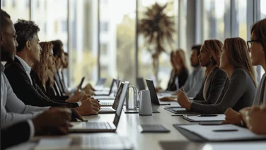A group of stakeholders sit around discussing a project.