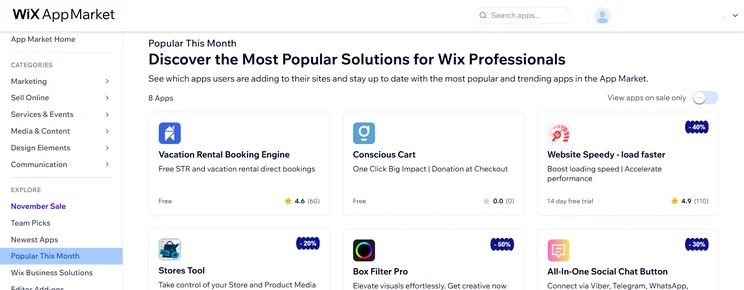 Wix's App Market homepage displaying popular third-party integrations and solutions