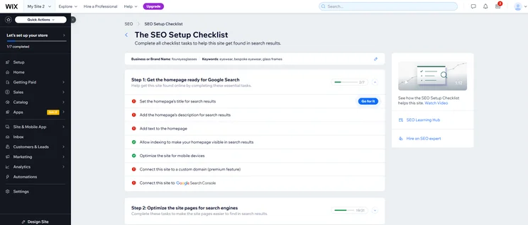 Wix SEO Setup Checklist with tasks for improving website search engine visibility