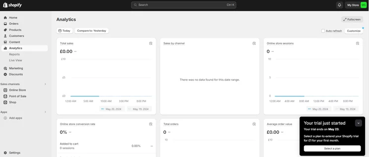 Shopify POS lets you track your performance by total sales, sales by channel, online store sessions and more