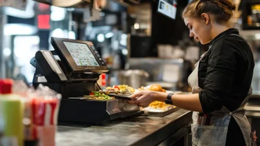 Woman taking a payment at a cash register in a restaurant
