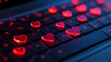 Hearts spattered over a computer keyboard.