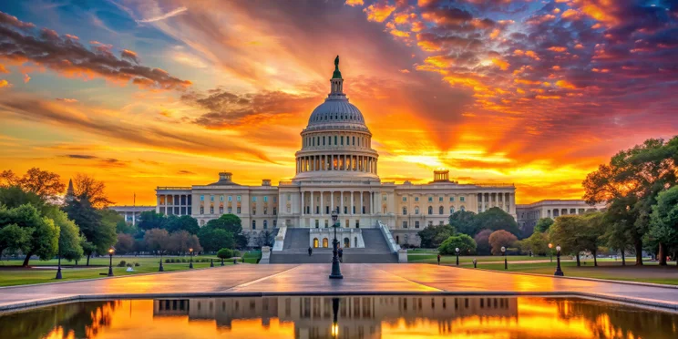 Congress pictured from the front with sunset in background