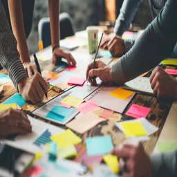 People working together with colorful post-it notes laid out on table
