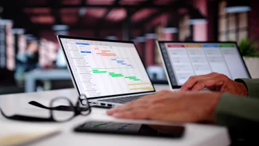 Person working at laptop with Gantt chart on the screen
