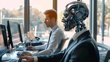 Robot employee sat next to human employee