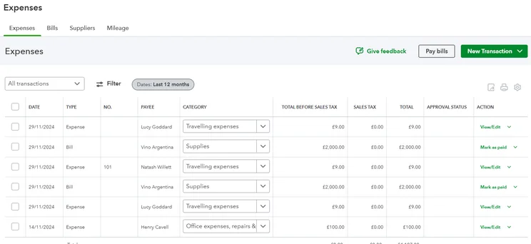 Screenshot of QuickBooks expense management features. Source: Tech.co testing