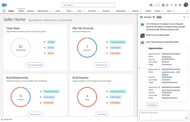 Salesforce Einstein AI helps user view their top sales priorities without leaving their Home dashboard