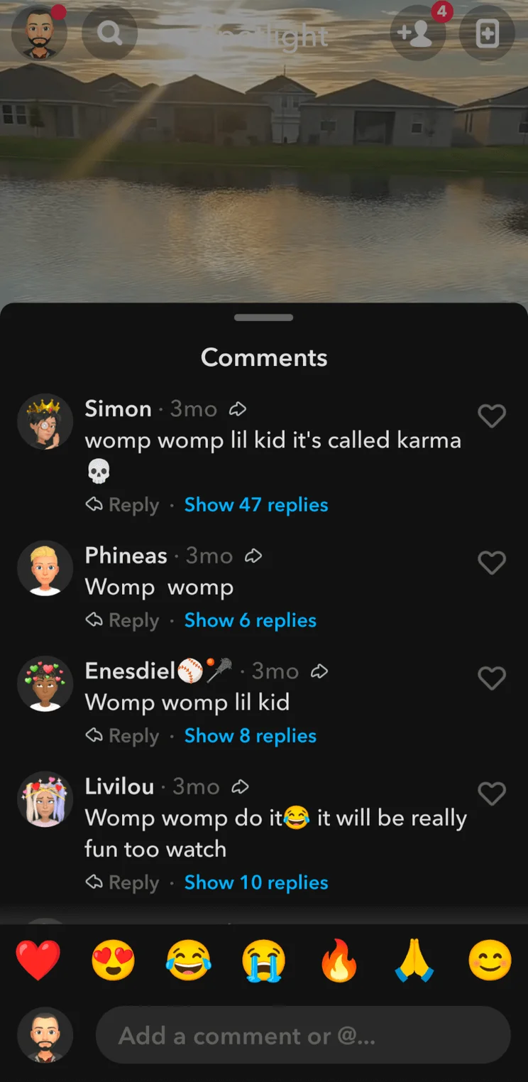 The comments section in Snapchat Spotlight. Source: Tech.co testing