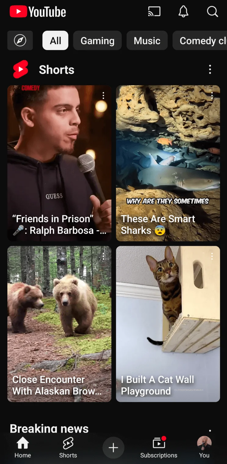The Discover page in YouTube Shorts. Source: Tech.co testing